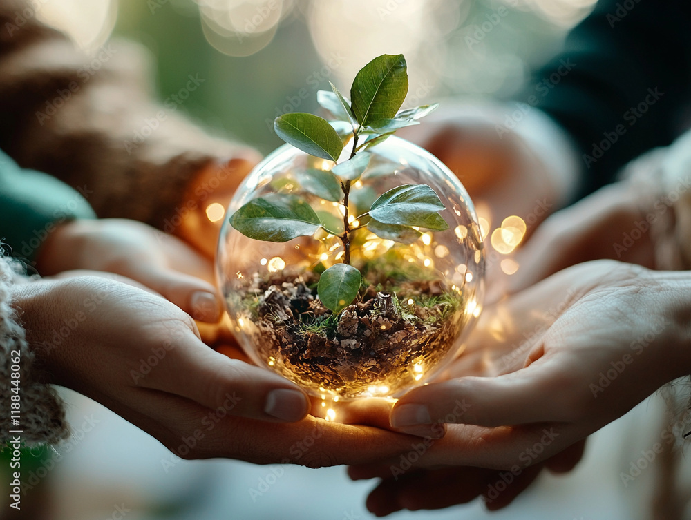 Poster ai generates global collaboration for nature conservation hands uniting in a green environment