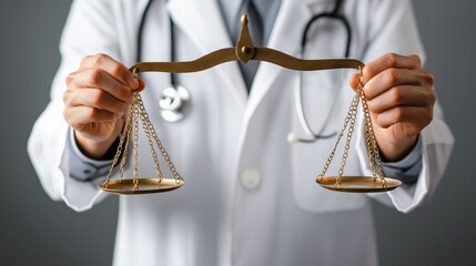Doctor holds scales representing balance between medical ethics, law. Doctor in white coat demonstrates ethical decision-making in healthcare. Professional healthcare responsibility highlighted.