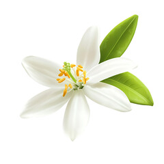 A delicate white flower with yellow stamens and green leaves, showcasing its natural beauty and intricate details.
