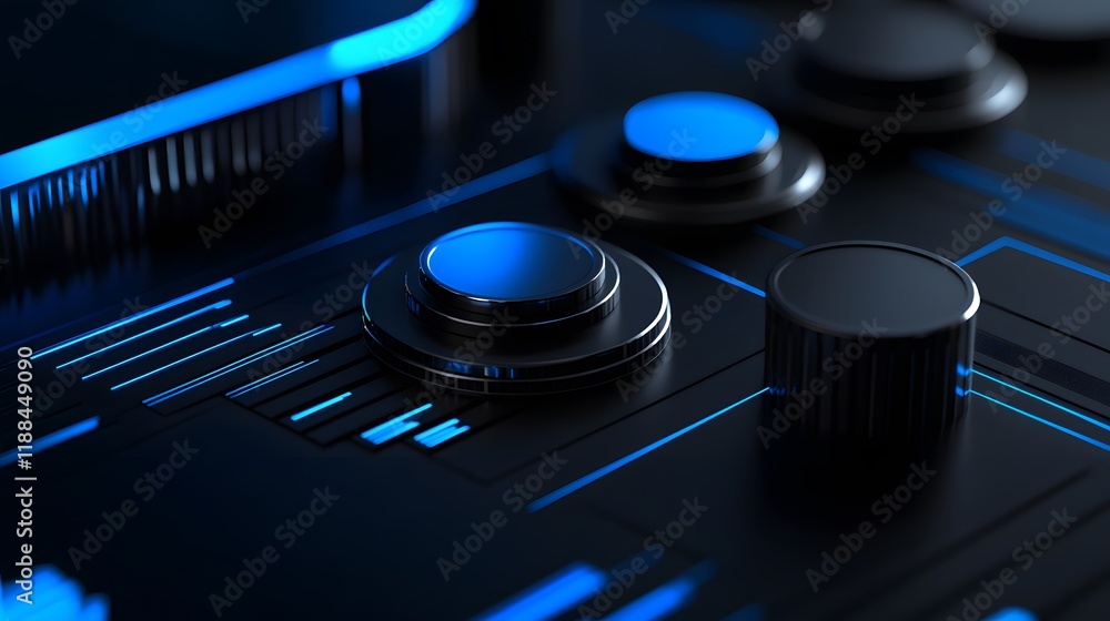 Poster a close-up of a blue and black electronic device with buttons. the device appears to be a computer o