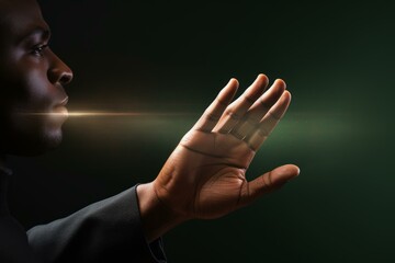 Businessman using augmented reality technology, interacting with futuristic hologram interface, visualizing data with hand gestures in dark green background