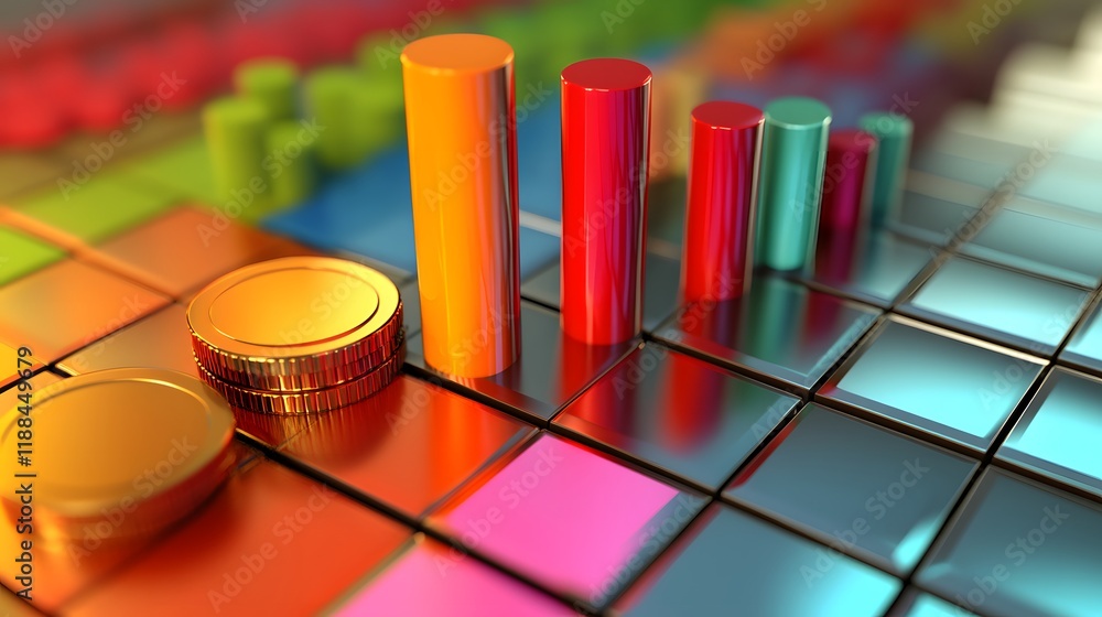 Poster a colorful image of coins and bars with a coin on top of a bar. the bars are of different colors and