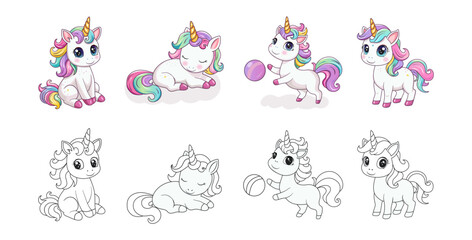 Coloring book for kids is a set of cute unicorns in different poses. Hand-drawn ponies with a horn. Cute magical horses. Vector illustration.
