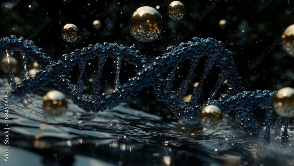 Poster dna strand floating in dark liquid with golden spheres.