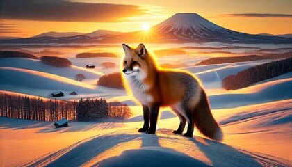 Ezo Fox on Snow-Covered Hill at Sunset
