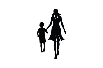 Mother walking with child and holding hands silhouette illustration.eps