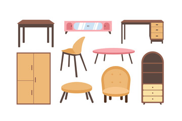 Interior design elements, furniture vector set, flat illustration design elements, apartment interior decor items, table chair cupboard

