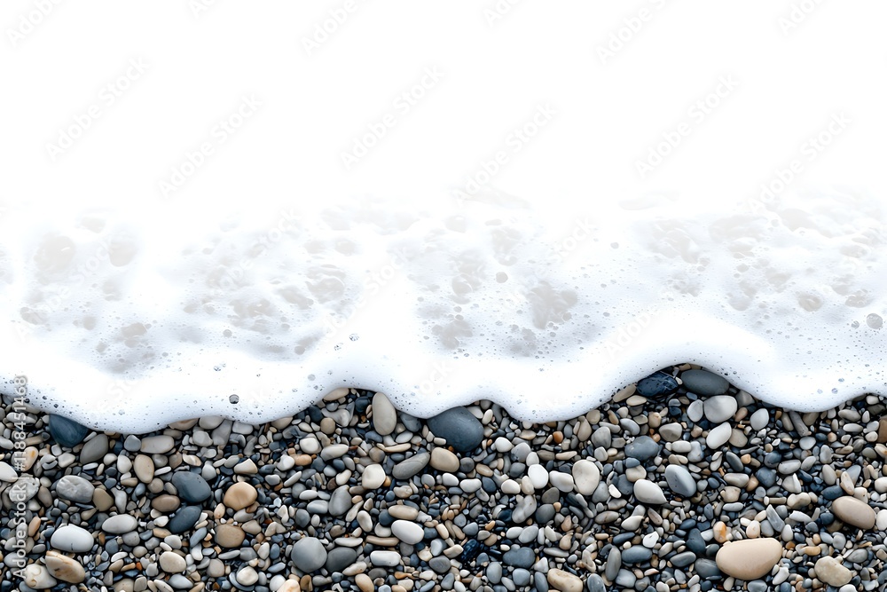 Poster a serene shoreline featuring smooth pebbles and gentle ocean waves creating a frothy white foam.
