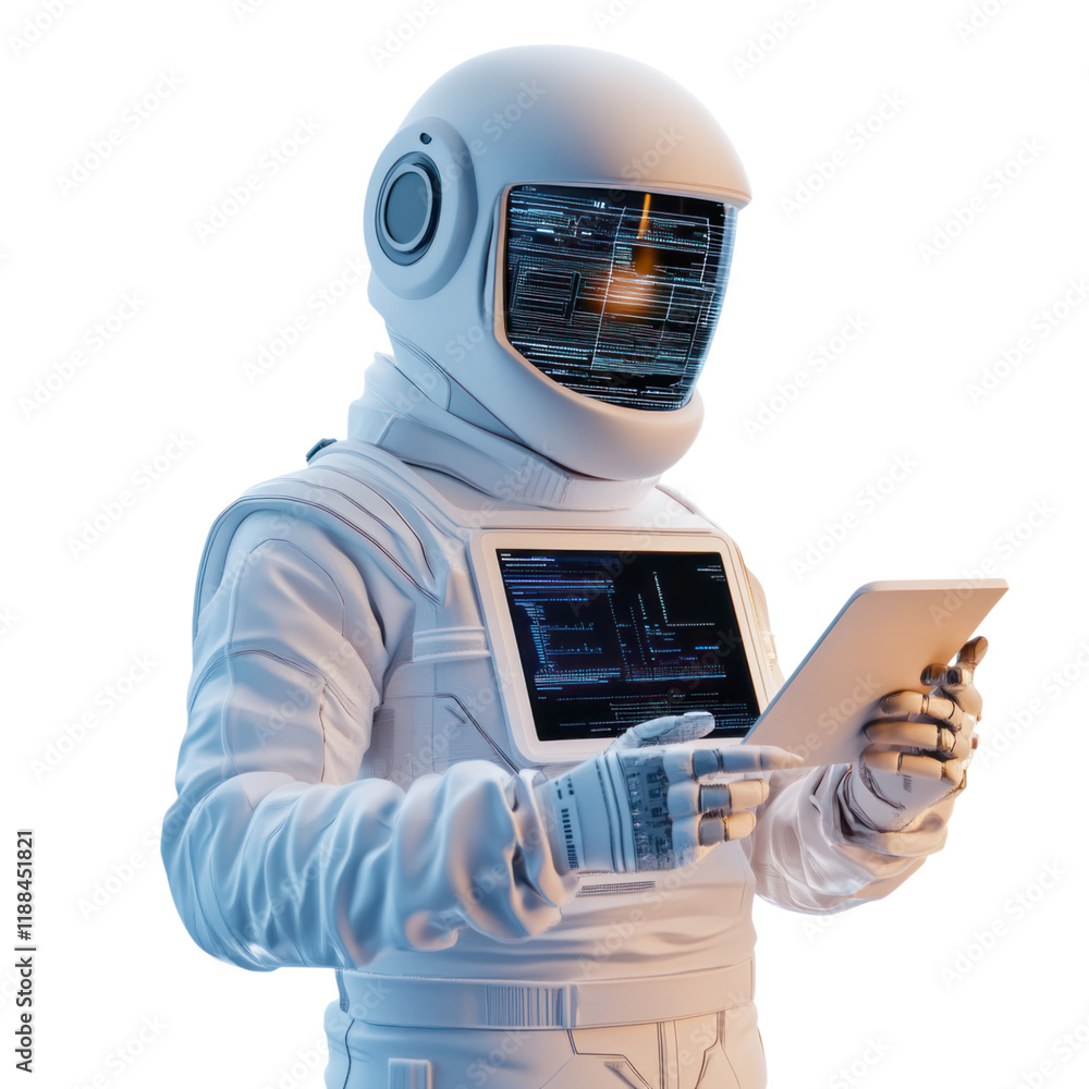 Poster futuristic astronaut using tablet to monitor data in space