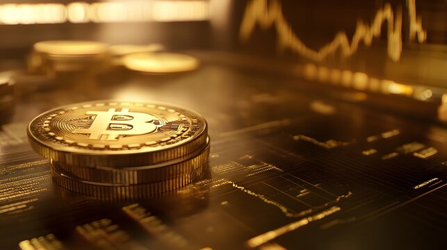A coin with the letter B on it sits on a table with a graph. The coin is surrounded by other coins, and the graph is filled with numbers and lines. Concept of financial importance