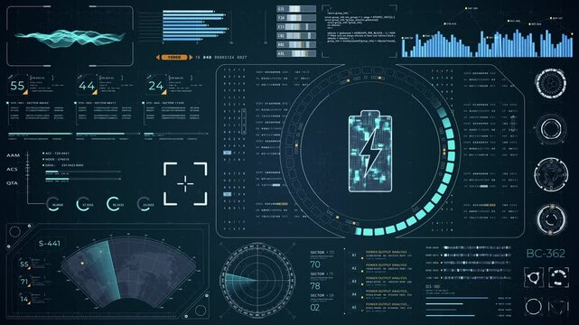 Motion graphic of Blue digital battery logo with head up display (HUD UI) panel and futuristic technology abstract background  power reserve video concepts