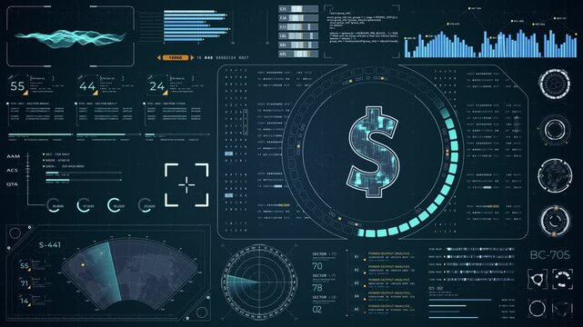 Motion graphic of Blue digital money logo with head up display (HUD UI) panel and futuristic technology abstract background crypto currency finance and digital money video concepts