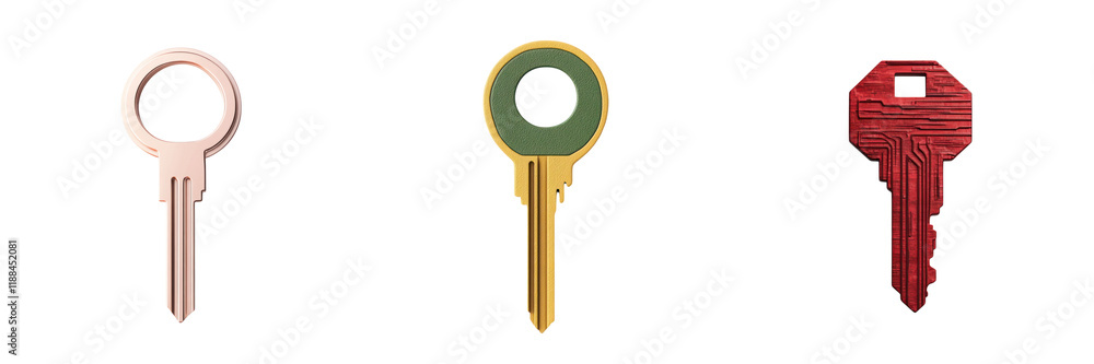 Poster collection of unique keys with digital designs and vibrant colors, symbolizing security and technolo