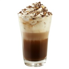 Refreshing iced coffee beverage topped with whipped cream and chocolate sprinkles, served in a tall glass