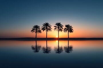 Obraz premium Sunset landscape perspective of serene oasis with palm trees