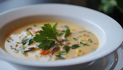Homemade Corn Chowder Soup in white bowl. Vegetarian creamy corn soup with greens and vegetables