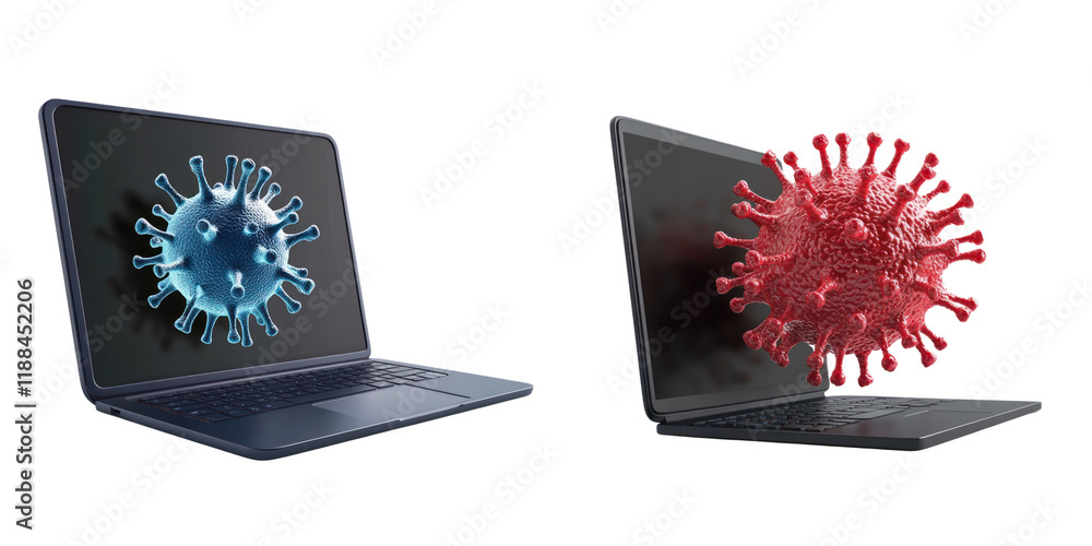 Poster 3d image of laptop displaying antivirus software with virus graphics, showcasing digital security