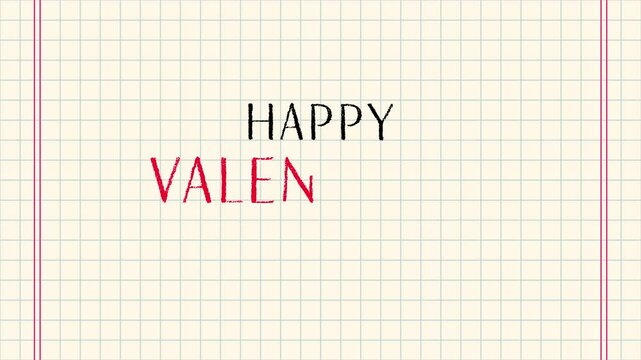 happy valentines day and hearts on note paper animation, celebration love romantic doodle motion background