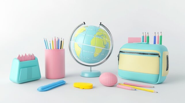 Pastel school supplies arranged with a globe on a white background.