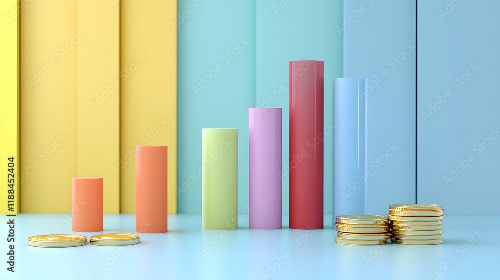 Poster a colorful display of coins and bars with a yellow background. the bars are of different colors and 