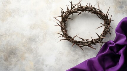 Fototapeta premium Crown of thorns with purple cloth on white grunge background. Good Friday concept, copy-space 