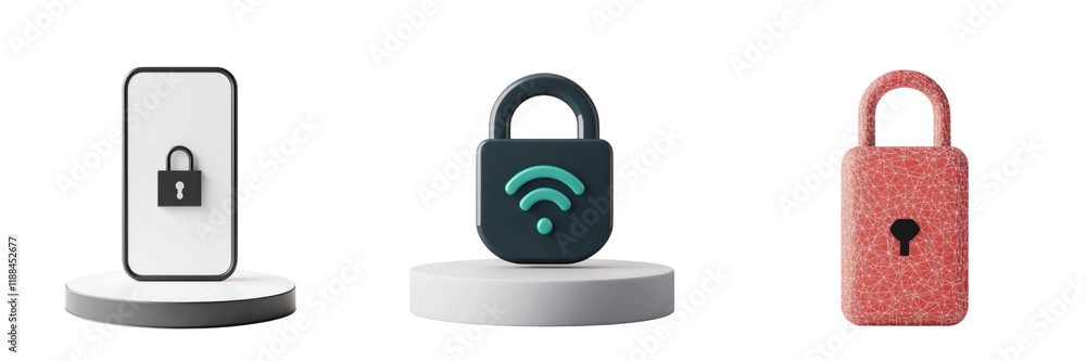 Poster secure smart device, padlock, and wireless security icons in 3d design