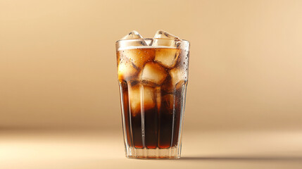 A 3D-rendered glass of iced coffee with swirling cream, condensation droplets on the surface, and ice cubes inside.