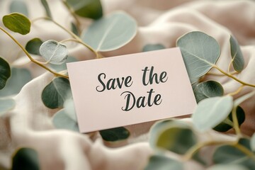 Elegant save the date card on silk fabric with eucalyptus leaves.