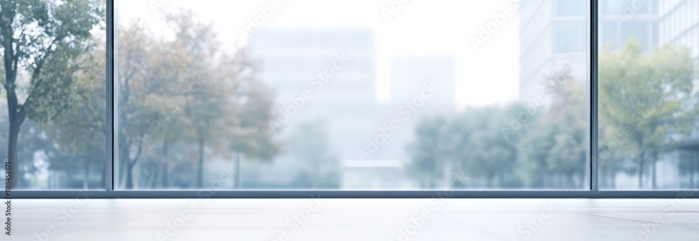 Poster empty room with large window overlooking city trees and buildings.