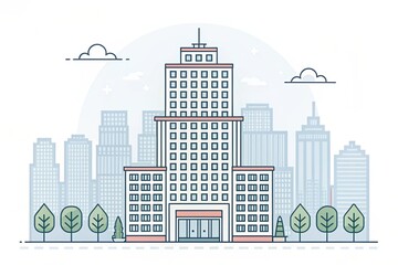 Fototapeta premium cute office building with city scape, pixel art illustration background