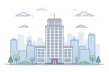 Obraz premium cute office building with city scape, pixel art illustration background