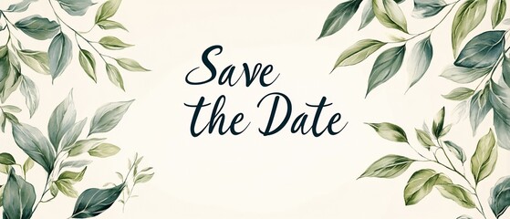 Elegant Save the Date card with green leaves.