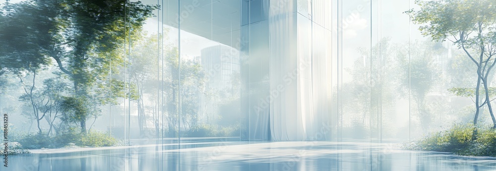Poster serene modern building with glass walls overlooking a tranquil misty forest reflecting in still wate