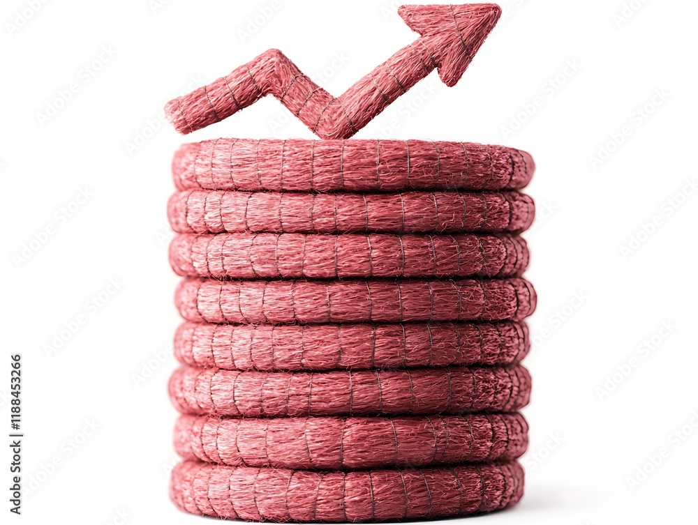 Aufkleber a stack of textured pink circular shapes with an upward arrow symbolizing growth or increase.