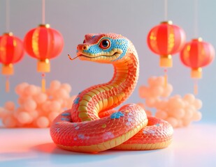 Colorful Snake Figure with Lanterns and Festive Backdrop for Lunar New Year Celebration