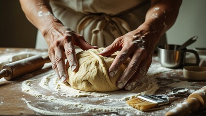 Close-Up of Hands Kneading Dough on a Floured Surface with Baking Tools