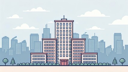 Fototapeta premium cute office building with city scape, pixel art illustration background