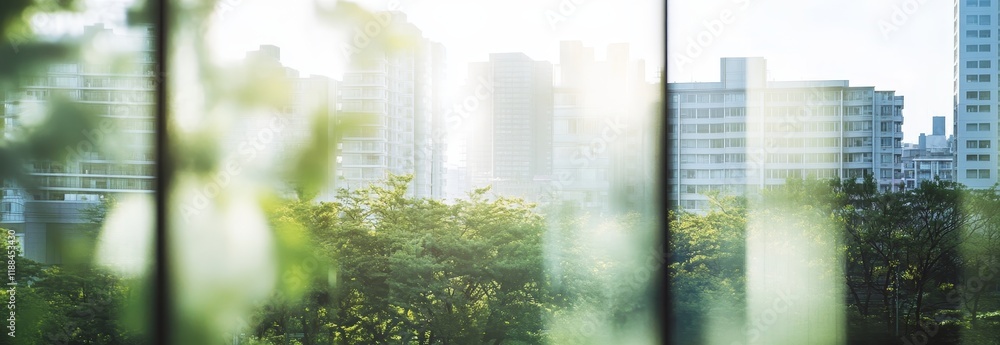 Canvas Prints sunlit city view through window with green foliage.