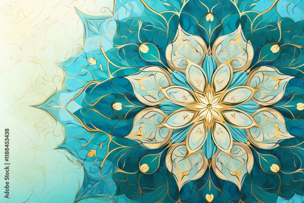Poster intricate turquoise and gold mandala design forming a captivating visual with detailed patterns and 