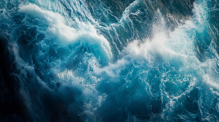 A unique abstract perspective of the Bruarfoss waterfall, highlighting the vivid turquoise waters and the dramatic whitewater contrasts, as seen from an aerial view.