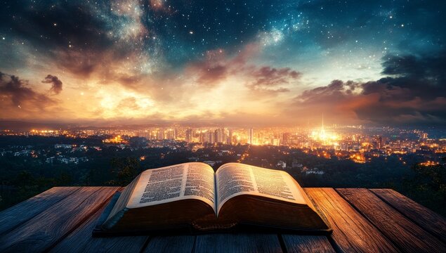 Open holy book on wooden table, cityscape & starry night sky background.
