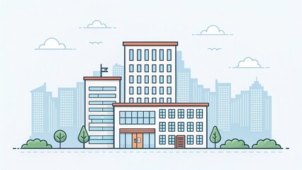 Fototapeta premium cute office building with city scape, pixel art illustration background