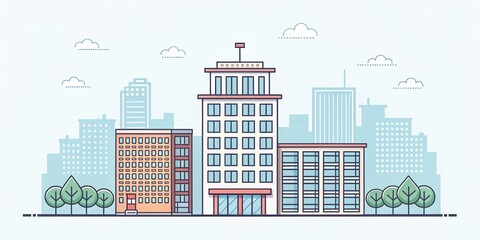Obraz premium cute office building with city scape, pixel art illustration background