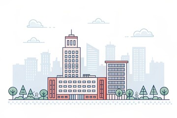 Obraz premium cute office building with city scape, pixel art illustration background