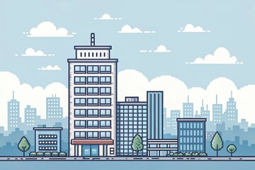 Obraz premium cute office building with city scape, pixel art illustration background