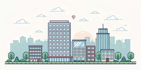 cute office building with city scape, pixel art illustration background