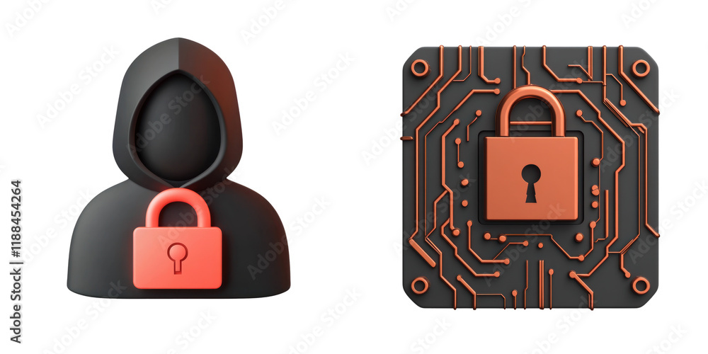 Poster 3d hacker icon with locked system, symbolizing cybersecurity and protection