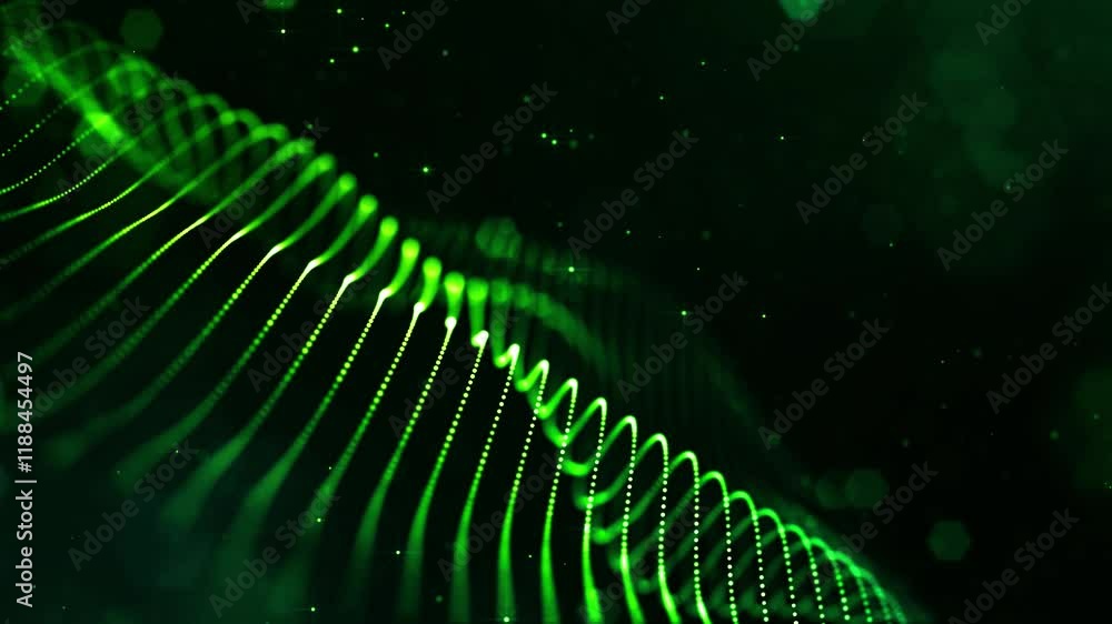 Poster information field, curved surface of particles. experience a vibrant green glow of mesmerizing parti