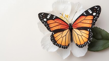 Obraz premium A vibrant butterfly rests on a delicate white flower, showcasing striking orange and black wings against a soft background.