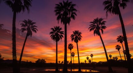 Obraz premium Ramadan Sunset Serenity Palm Trees Against a Vibrant Sky in Nature's Embrace